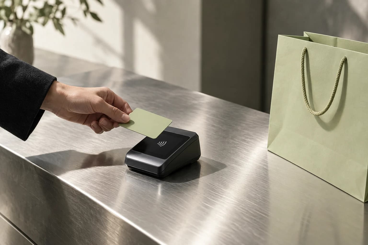 A contactless card payment beside a pale green shopping bag on a steel counter