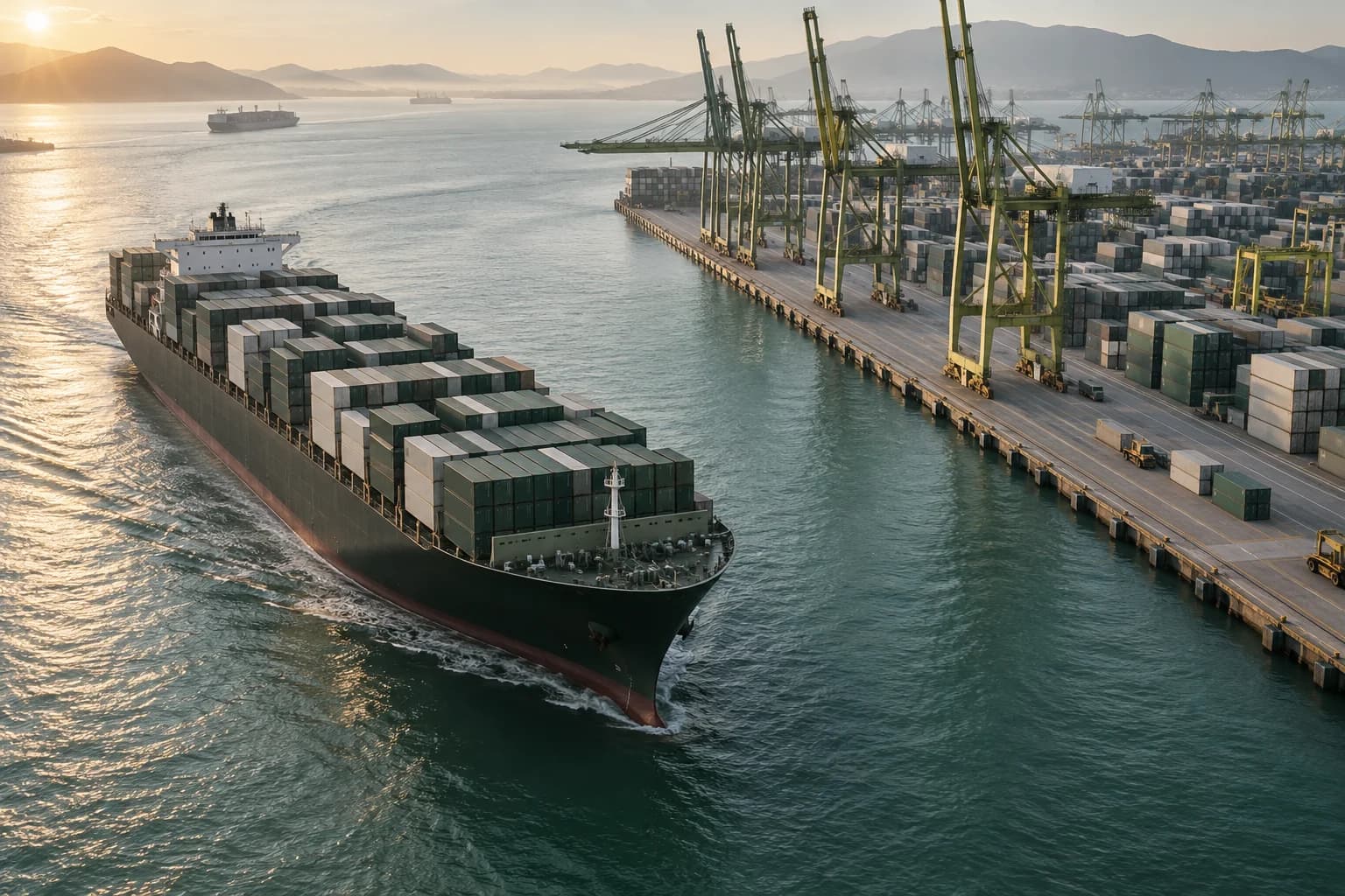 A cargo ship moving through green water beside an international container terminal