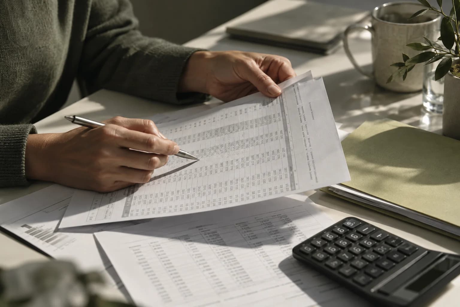 Hands reviewing paper statements with a pencil and calculator in natural daylight
